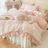 Romantic bedding set with lace trim and soft cotton texture. Perfect for creating a dreamy princess-inspired bedroom.