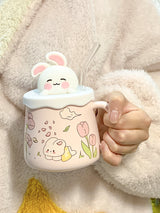 Pink Rabbit Straw Ceramic Mug With Lid Gift Set