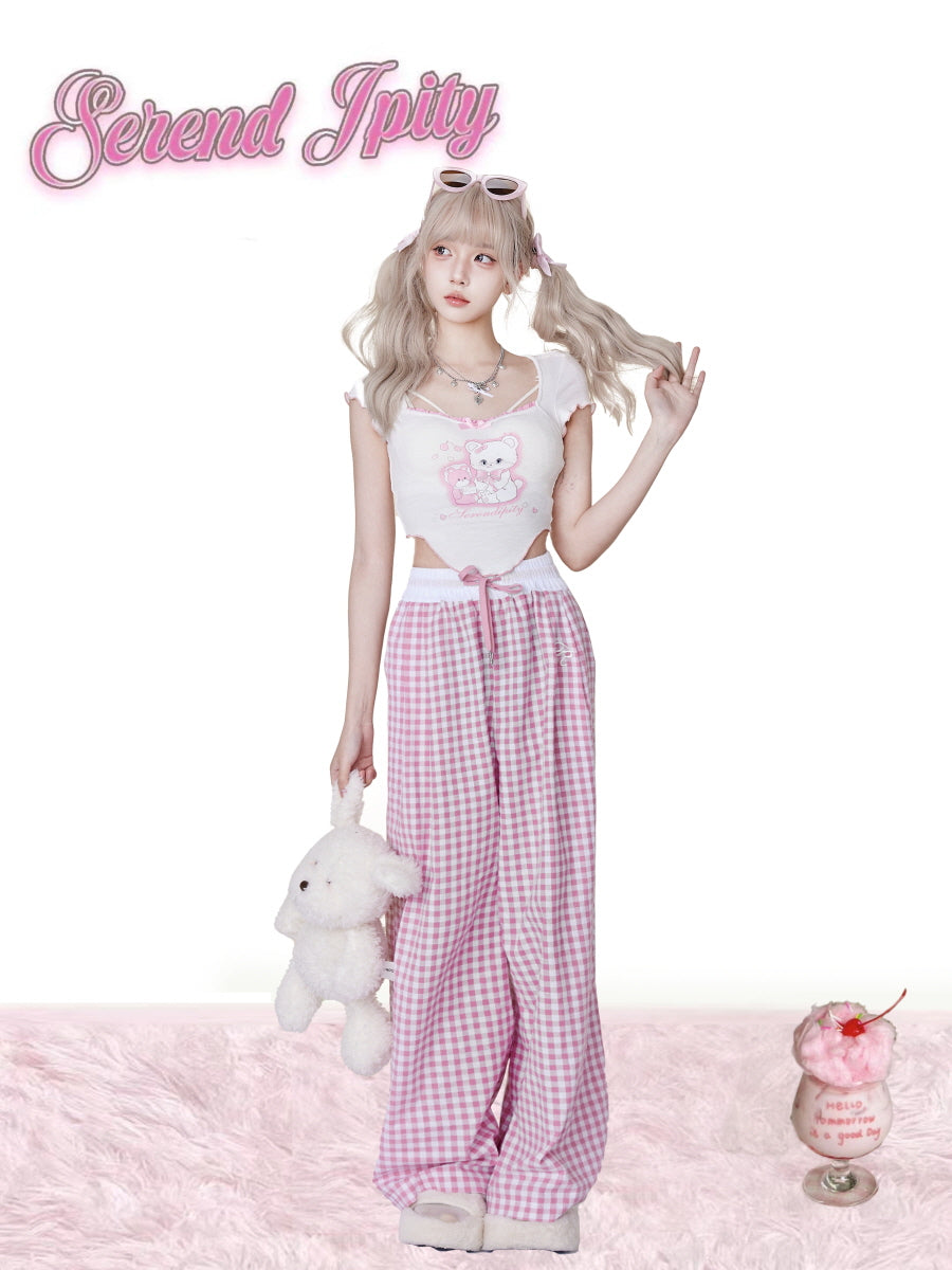 Cute Crop Top  Pink Plaid Pants Set