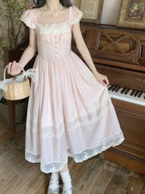 French Vintage Fairy Lace Bow Pink Dress