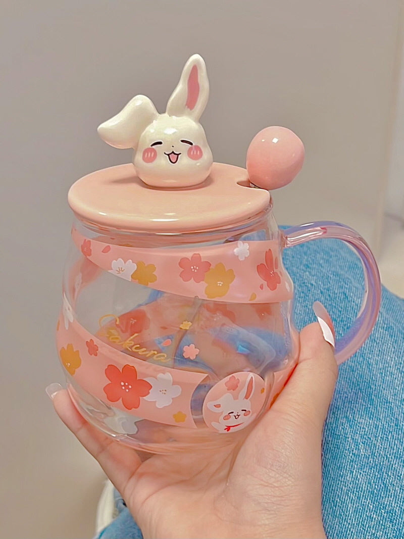 Pink Bunny Kitten Glass Straw Cup