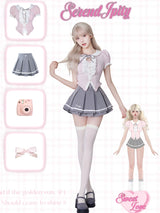 Pink Shirt Gray High-Waisted Pleated Skirt Set