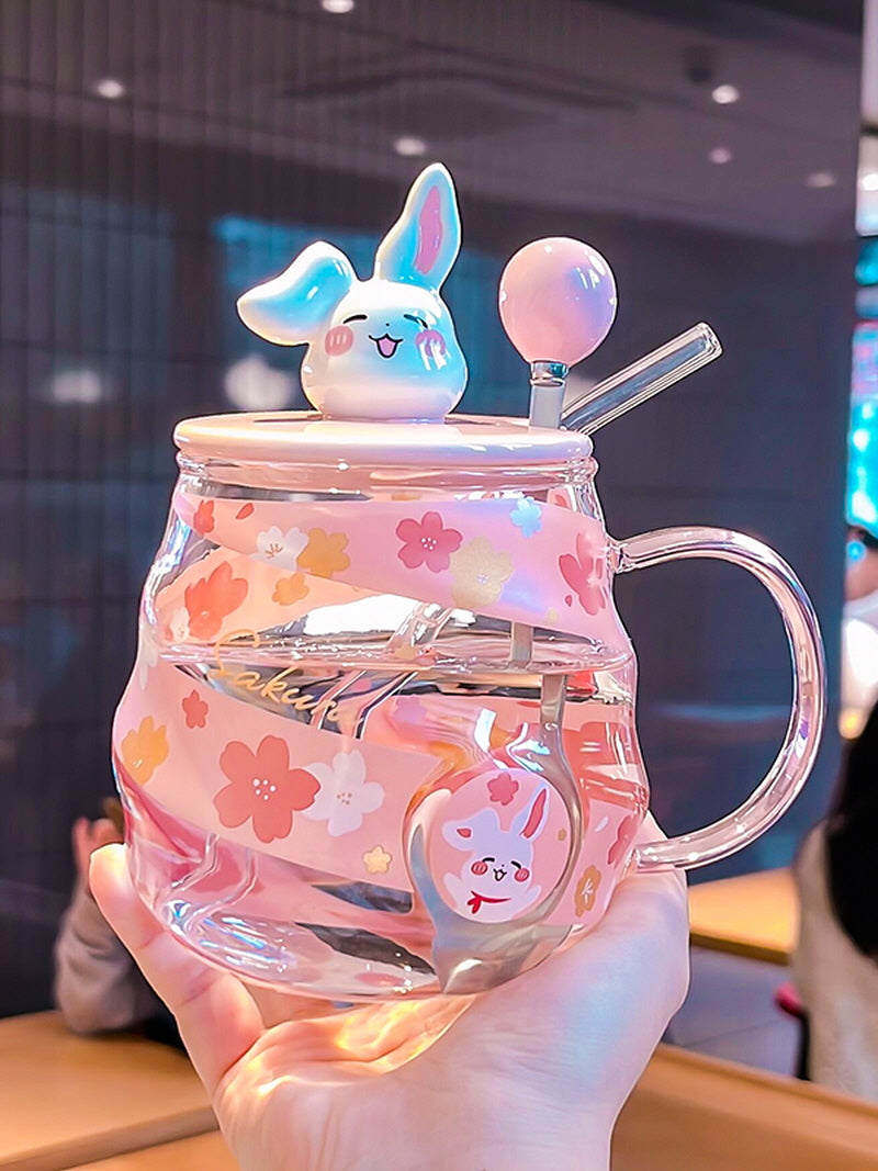 Pink Bunny Kitten Glass Straw Cup