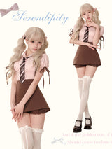 Pink Chocolate Short-sleeved Shirt High Waist Strap Skirt Two-piece Set