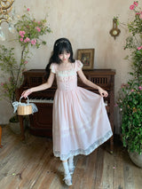 French Vintage Fairy Lace Bow Pink Dress