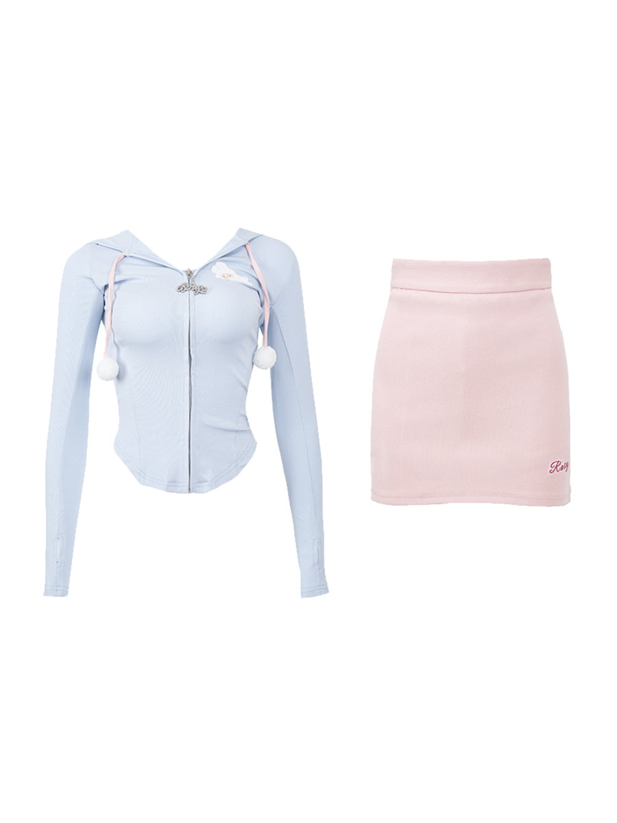 Sporty Blue Hoodie Pink Skirt Set