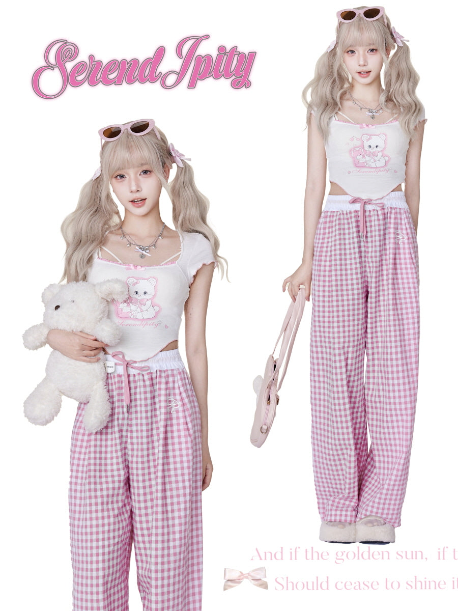 Cute Crop Top  Pink Plaid Pants Set