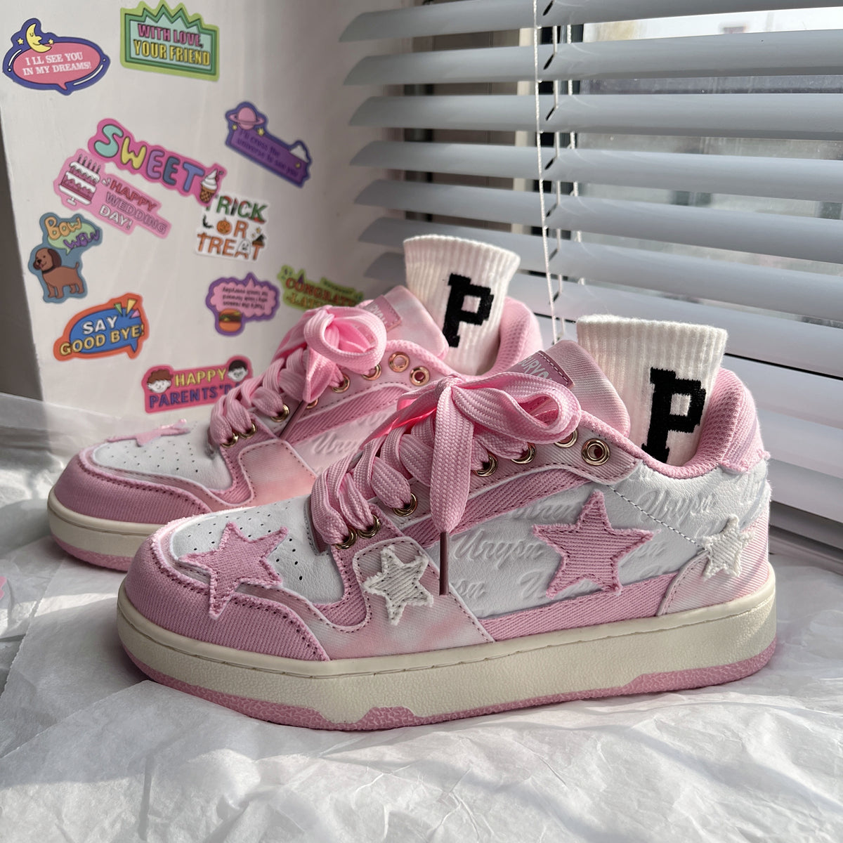 White Pink Star Sports Casual Board Sneakers Shoes