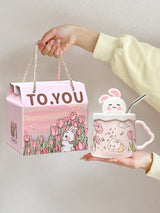 Pink Rabbit Straw Ceramic Mug With Lid Gift Set