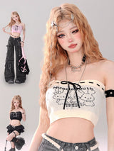 Bow Slim Inner Pink White Black Tube Top