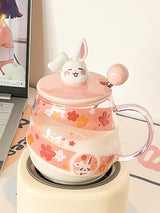 Pink Bunny Kitten Glass Straw Cup