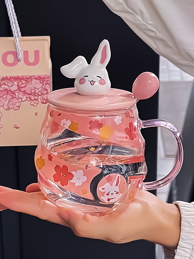 Pink Bunny Kitten Glass Straw Cup