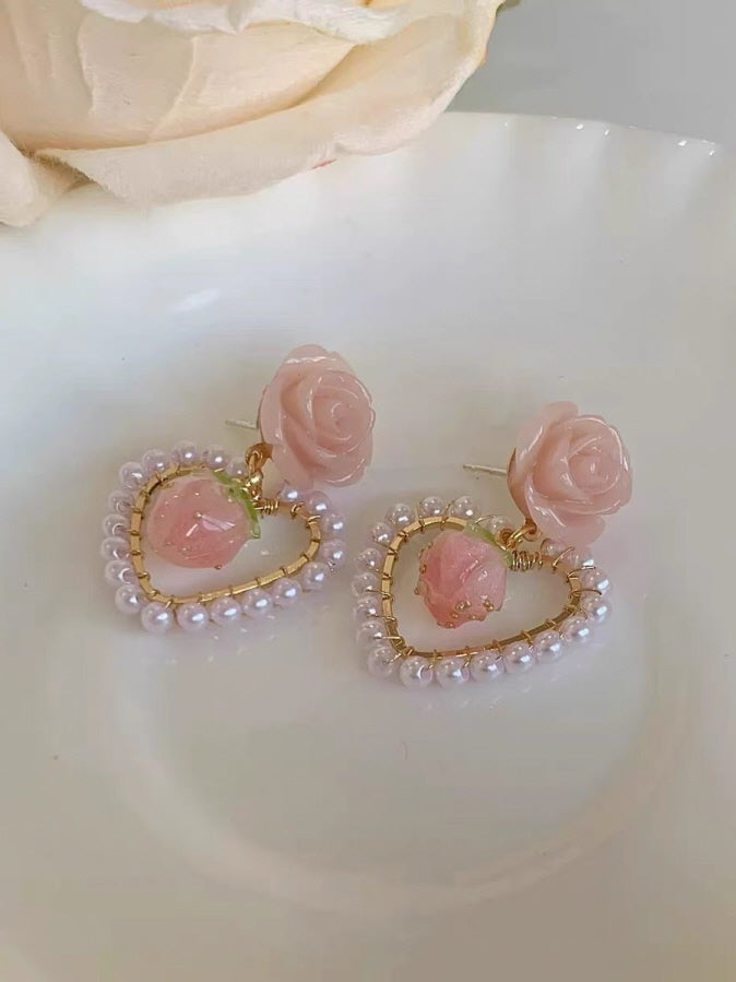 French Rose Pearl Earrings Ear Clips