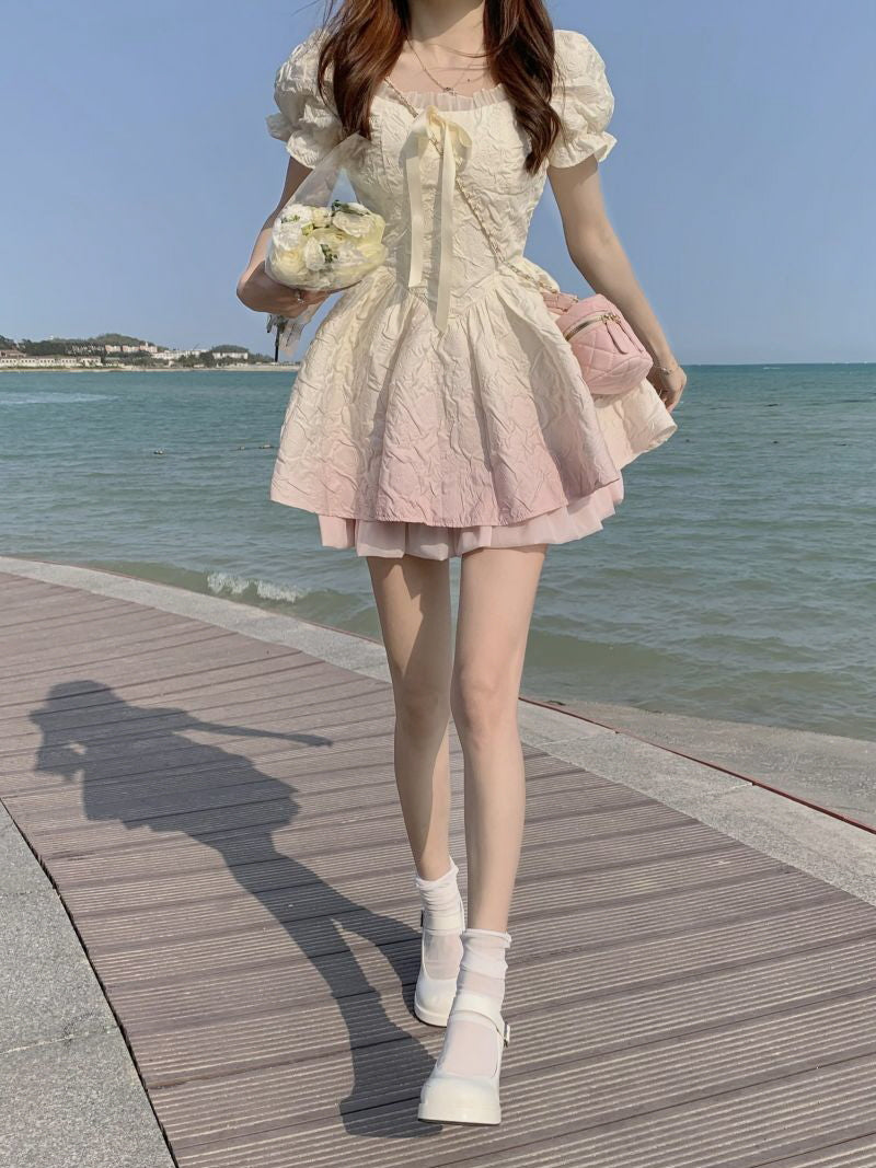 Square Collar Puff Sleeve Birthday Dress