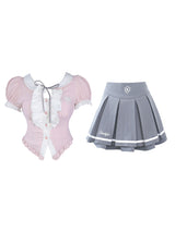 Pink Shirt Gray High-Waisted Pleated Skirt Set