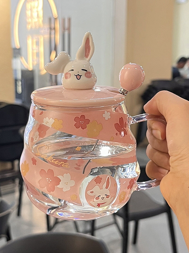 Pink Bunny Kitten Glass Straw Cup