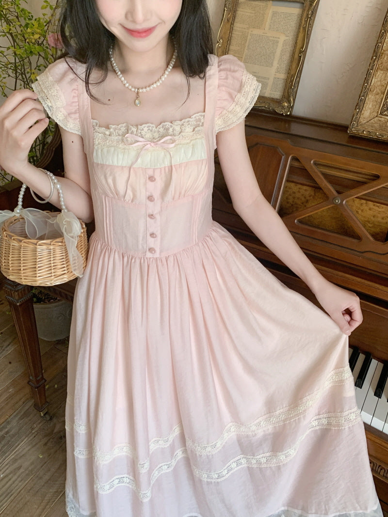 French Vintage Fairy Lace Bow Pink Dress