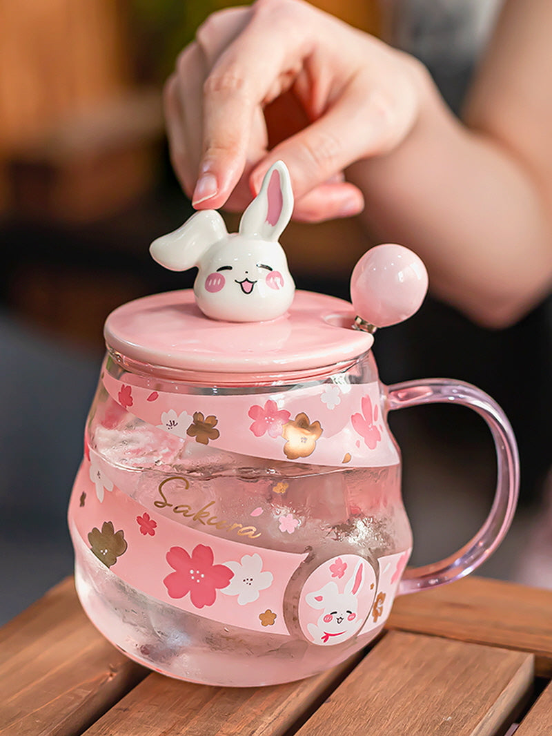 Pink Bunny Kitten Glass Straw Cup