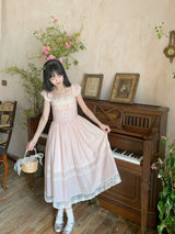 French Vintage Fairy Lace Bow Pink Dress