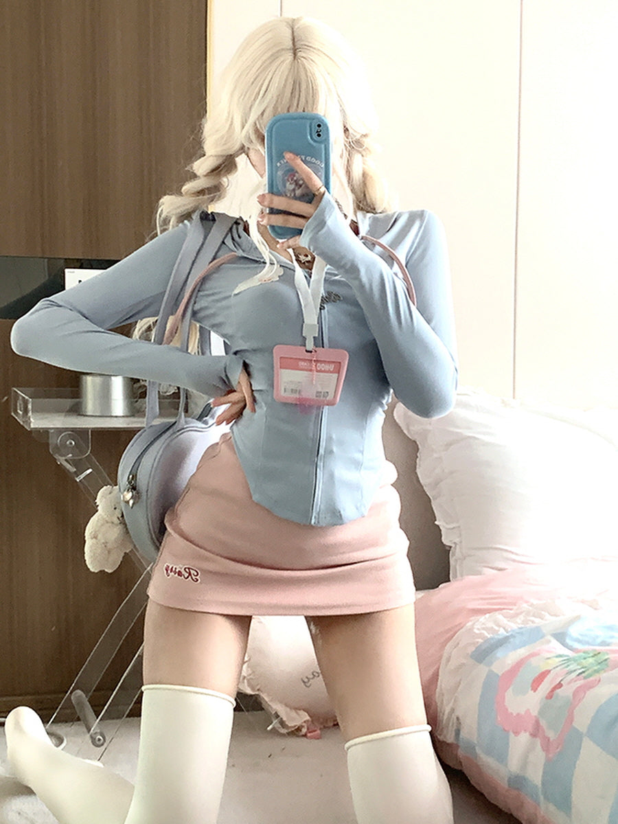 Sporty Blue Hoodie Pink Skirt Set