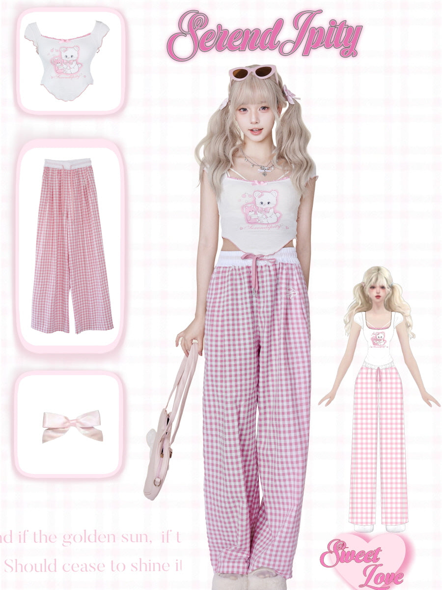 Cute Crop Top  Pink Plaid Pants Set