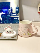 Pink Rabbit Straw Ceramic Mug With Lid Gift Set