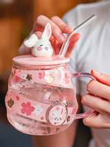 Pink Bunny Kitten Glass Straw Cup