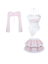 Peach Blossom Cardigan Camisole Cake Skirt Set