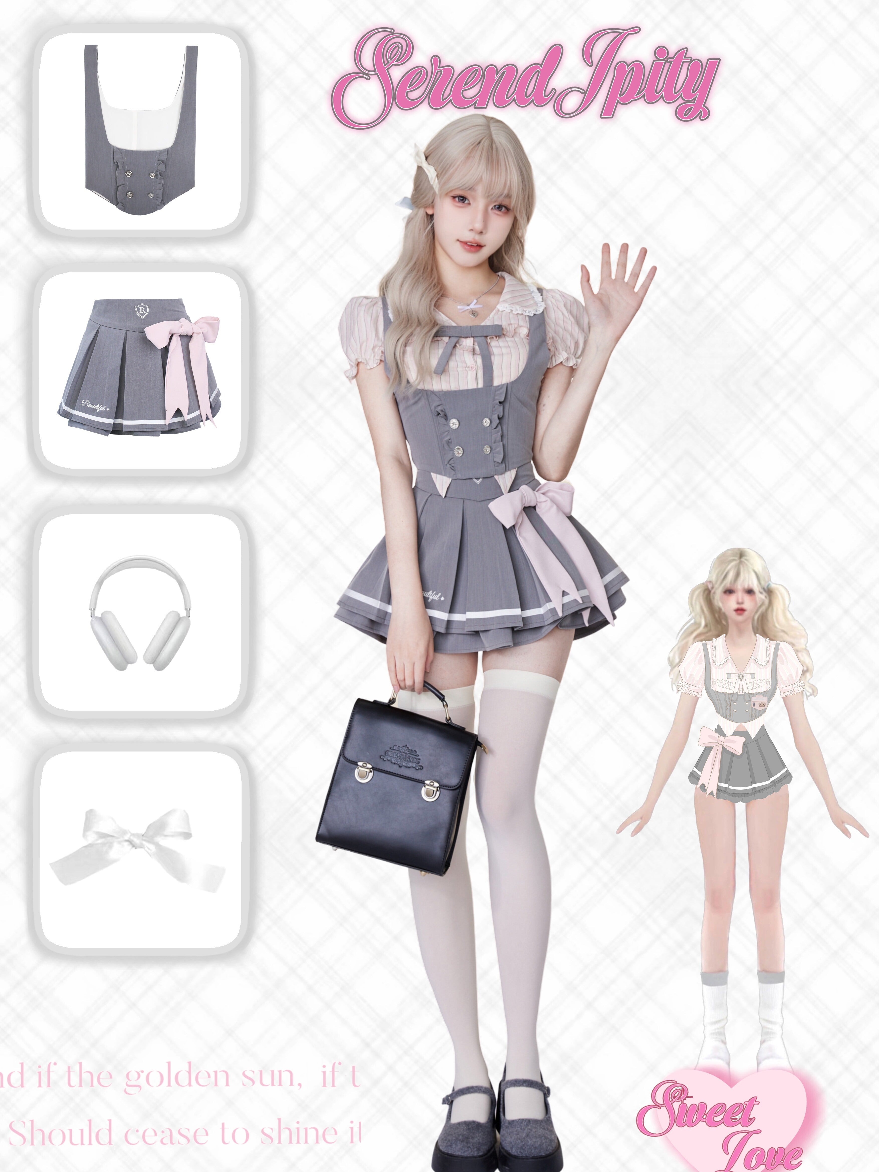 Idol Academy Summer Suit Pink Striped Shirt + Gray Vest + Gray Skirt Three-Piece Set