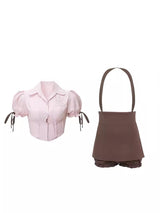 Pink Chocolate Short-sleeved Shirt High Waist Strap Skirt Two-piece Set