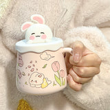 Pink Rabbit Straw Ceramic Mug With Lid Gift Set