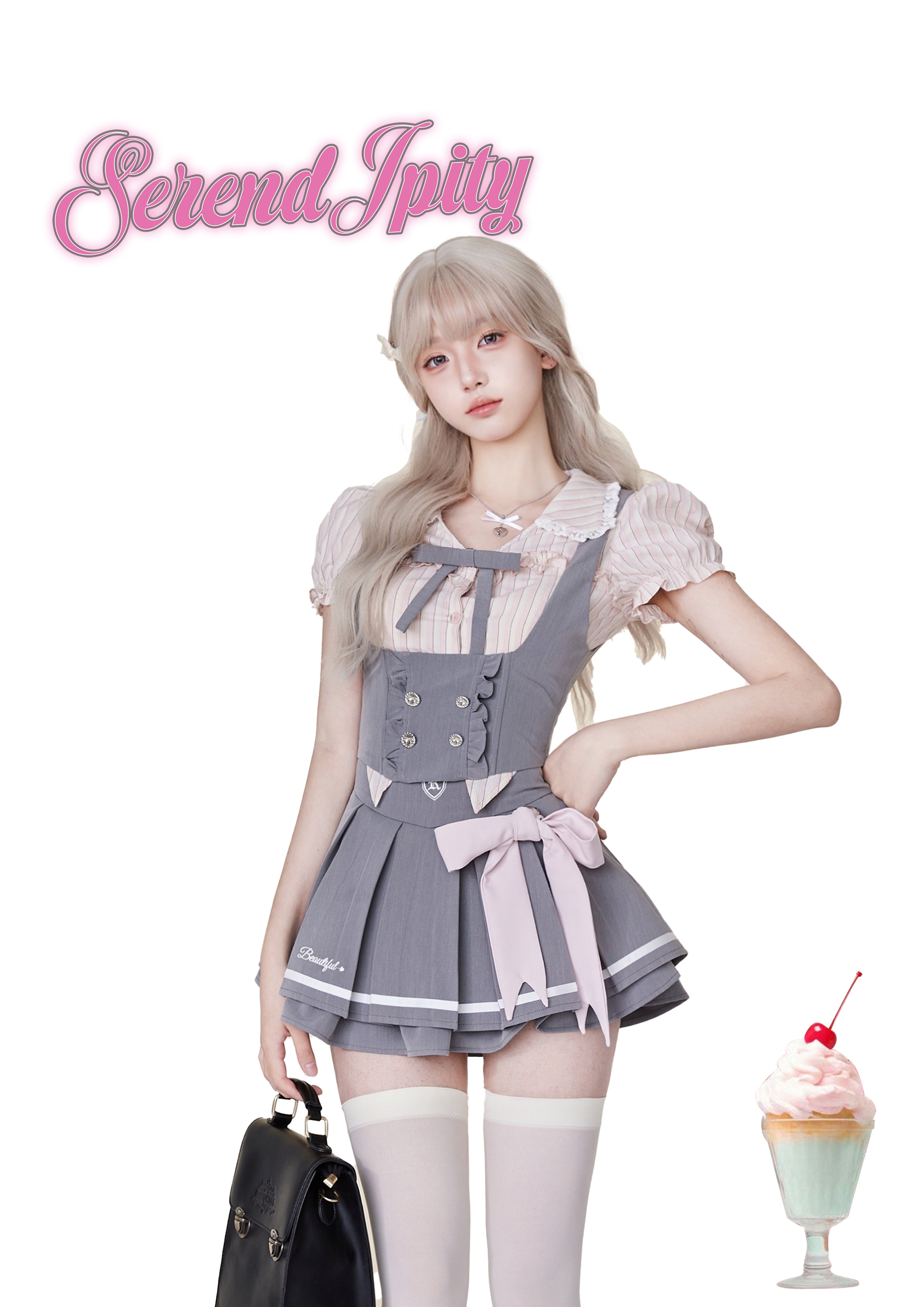 Idol Academy Summer Suit Pink Striped Shirt + Gray Vest + Gray Skirt Three-Piece Set