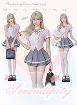 Pink Shirt Gray High-Waisted Pleated Skirt Set