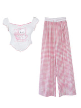 Cute Crop Top  Pink Plaid Pants Set