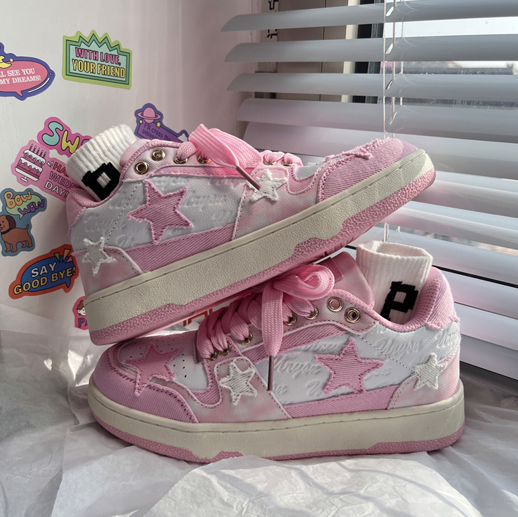 White Pink Star Sports Casual Board Sneakers Shoes