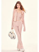 Rose Pink Hooded Jacket Camisole Pants Casual Set