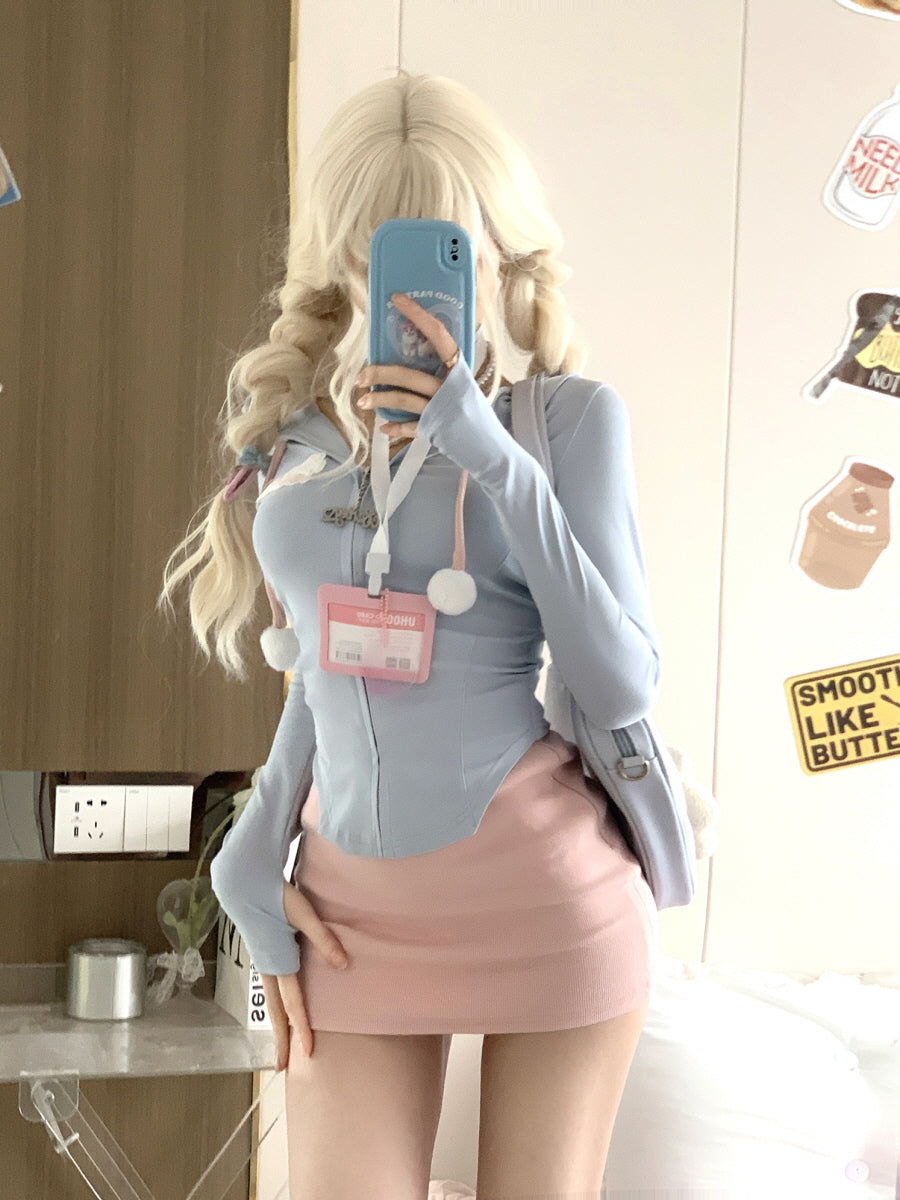 Sporty Blue Hoodie Pink Skirt Set