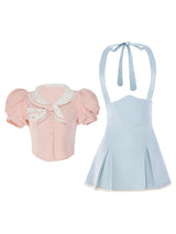 Kindergarten Pink Short Sleeves With Blue Straps Skirt Two-piece Set