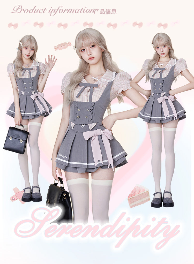 Idol Academy Summer Suit Pink Striped Shirt + Gray Vest + Gray Skirt Three-Piece Set