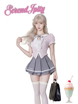 Pink Shirt Gray High-Waisted Pleated Skirt Set