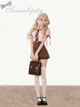 Pink Chocolate Short-sleeved Shirt High Waist Strap Skirt Two-piece Set