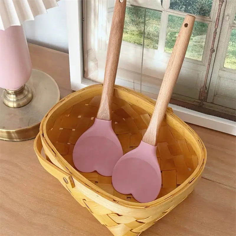 2Pcs Kitchen Pink Love Silicone Baking Spoon