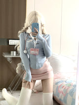 Sporty Blue Hoodie Pink Skirt Set