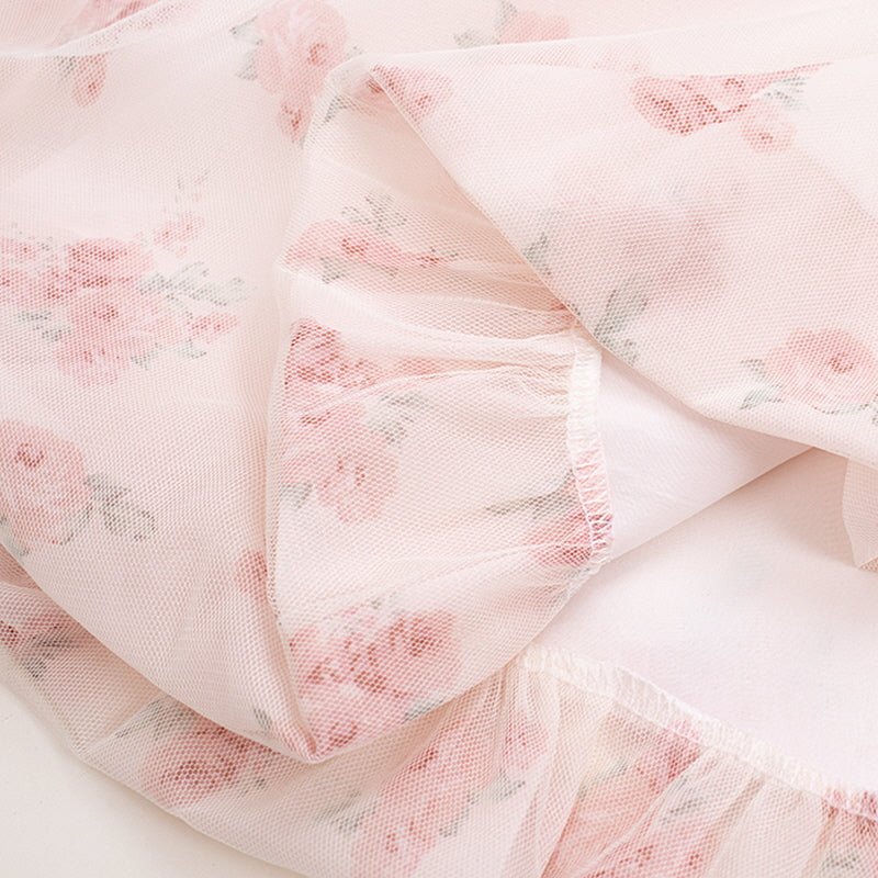 Sweet Pink Floral Bow Fluffy Dress