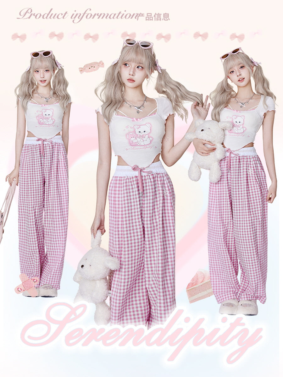 Cute Crop Top  Pink Plaid Pants Set