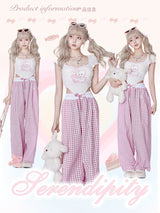 Cute Crop Top  Pink Plaid Pants Set