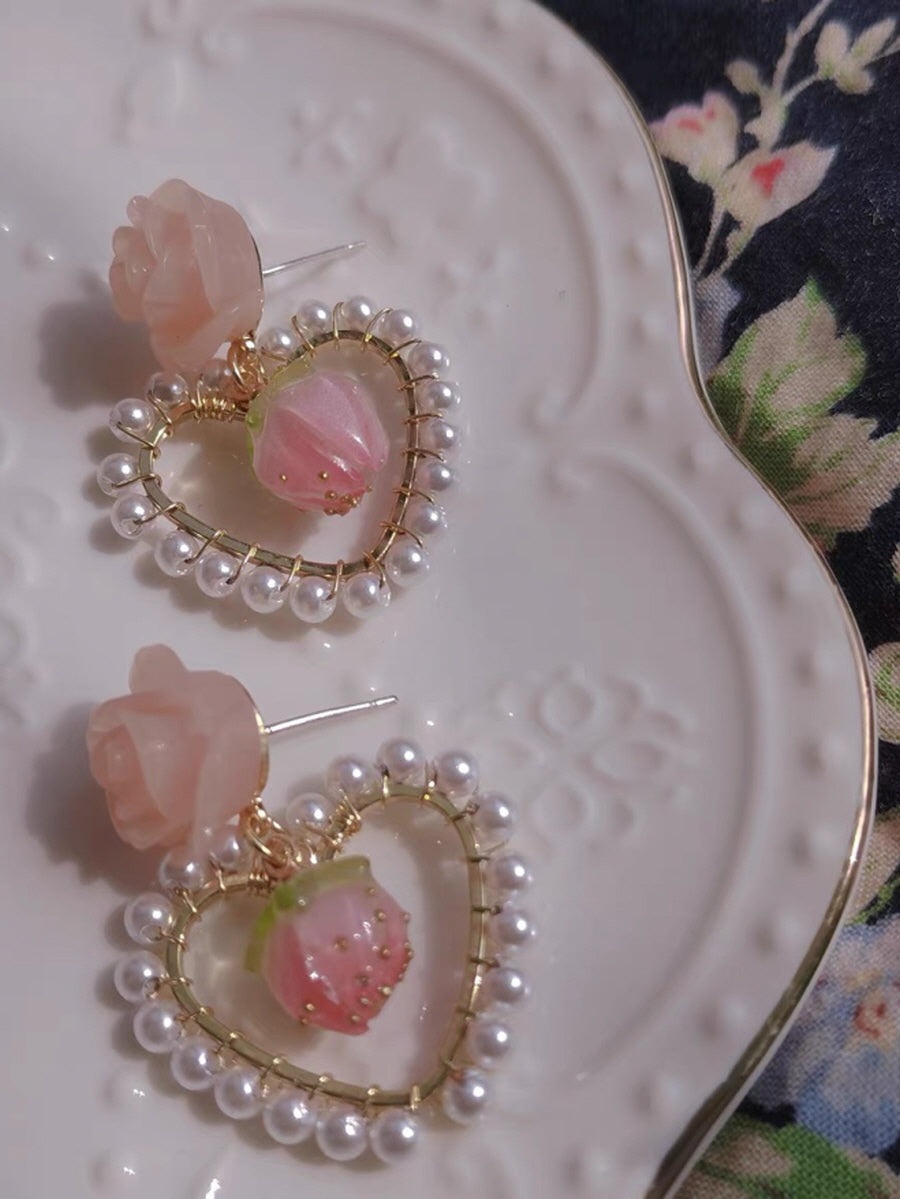 French Rose Pearl Earrings Ear Clips