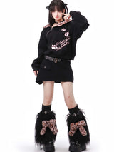 Sweet Leopard Fleece Hoodie Skirt Legwarmer Set