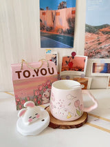 Pink Rabbit Straw Ceramic Mug With Lid Gift Set