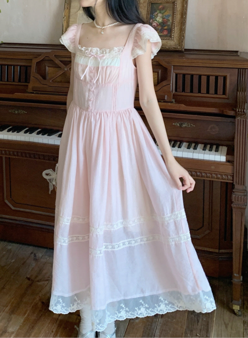 French Vintage Fairy Lace Bow Pink Dress